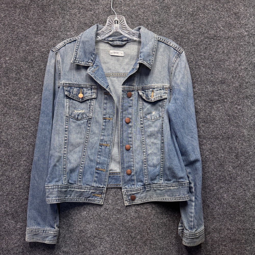 Gap 1969 Denim Jacket Womens M Light Wash Distressed Trucker Classic Vintage